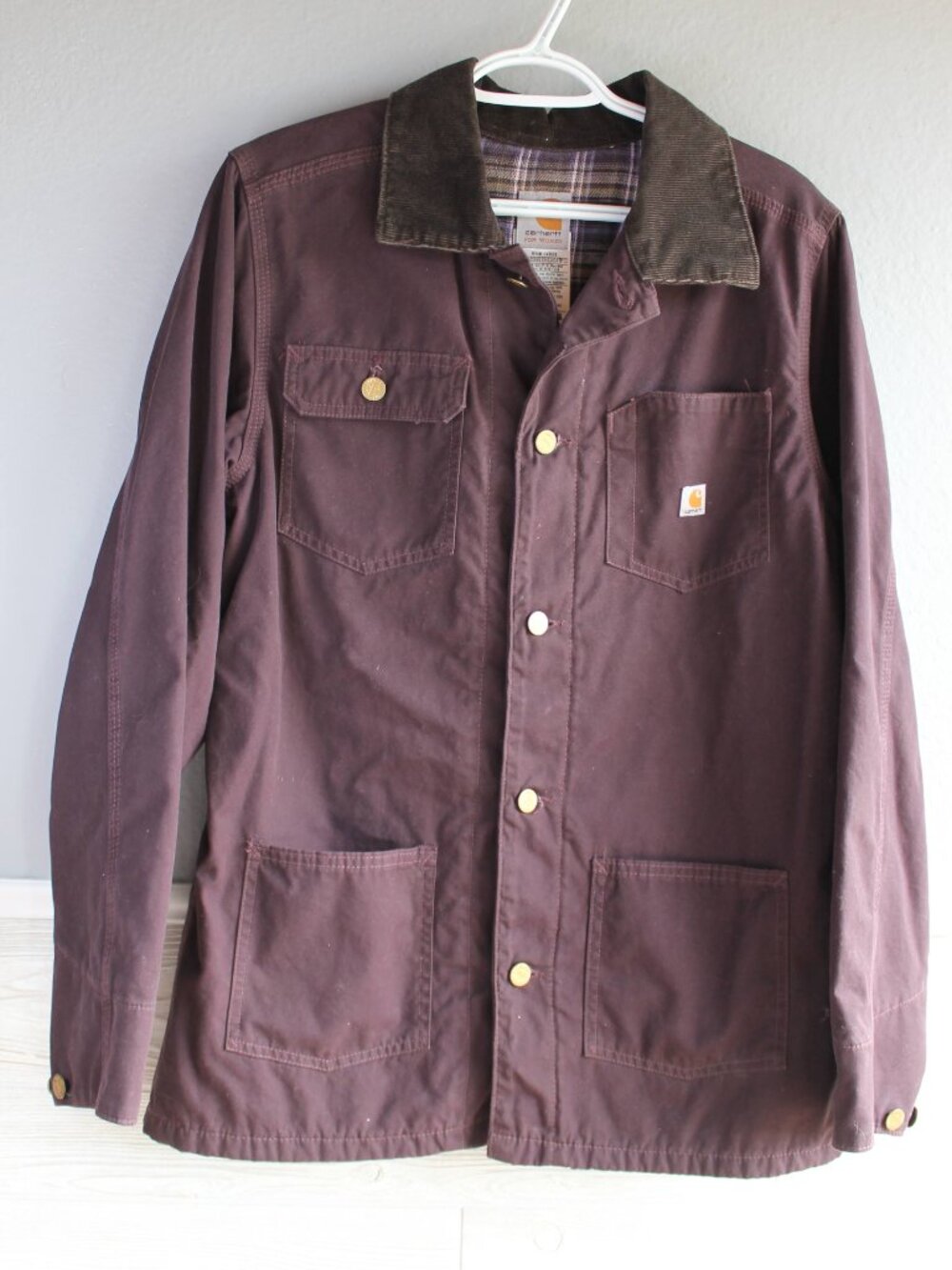 Carhartt Women Plaid Lined Canvas Work Jacket Corduroy Collar Purple Medium - Picture 2 of 8